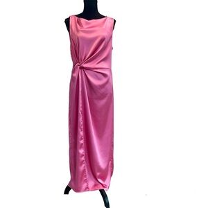 Zara pink satin effect sleeveless front twist knot high slit maxi dress Sz XL